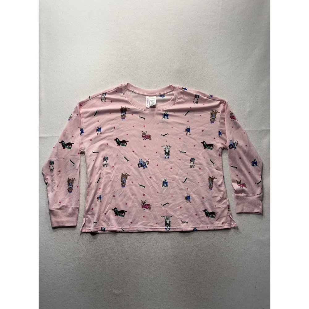 Joyspun Pyjama Top Womens XL Pink Dog Print Knit Long Sleeve Pjs Sleep Winter